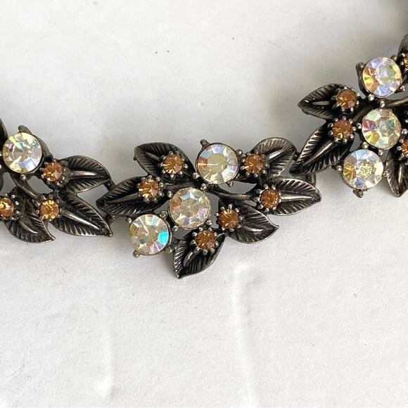 Vintage FLORENZA Necklace Aurora Borealis Crystal Leaf Floral Rhinestone Choker - Picture 3 of 9
